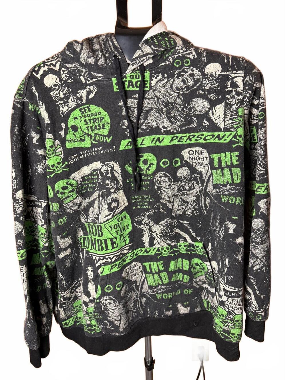 Hot Topic Rob Zombie Hoodie Black Green sz XL 1 Unisex ALL OVER Skull